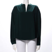 とろみ素材オープンフロントネックブラウス