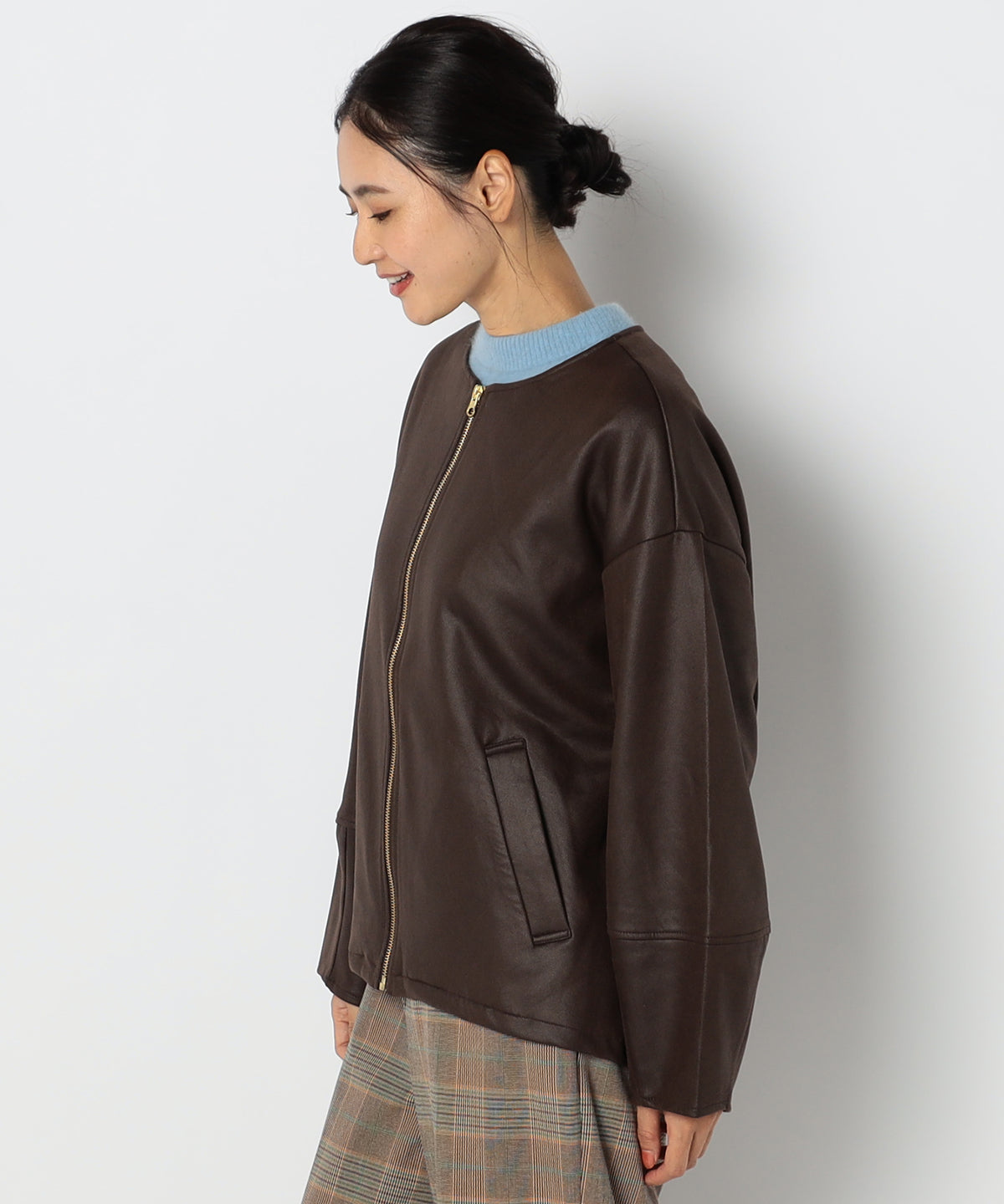 シンプル ノーカラージャケット【ブラウン】