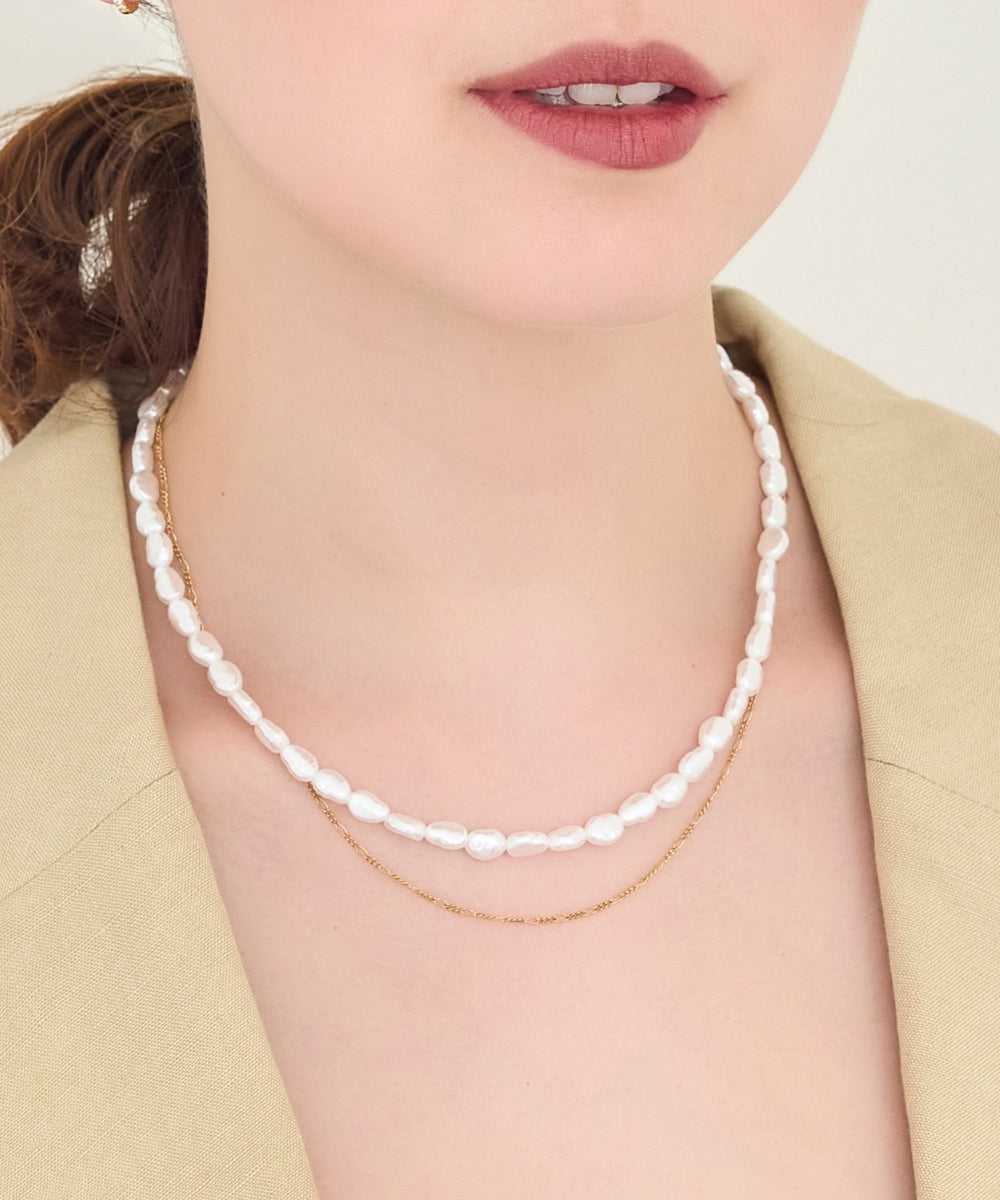 【金属アレルギー対応】クラシカルパール×チェーン2連ネックレス