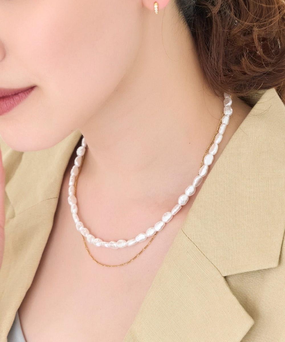 【金属アレルギー対応】クラシカルパール×チェーン2連ネックレス