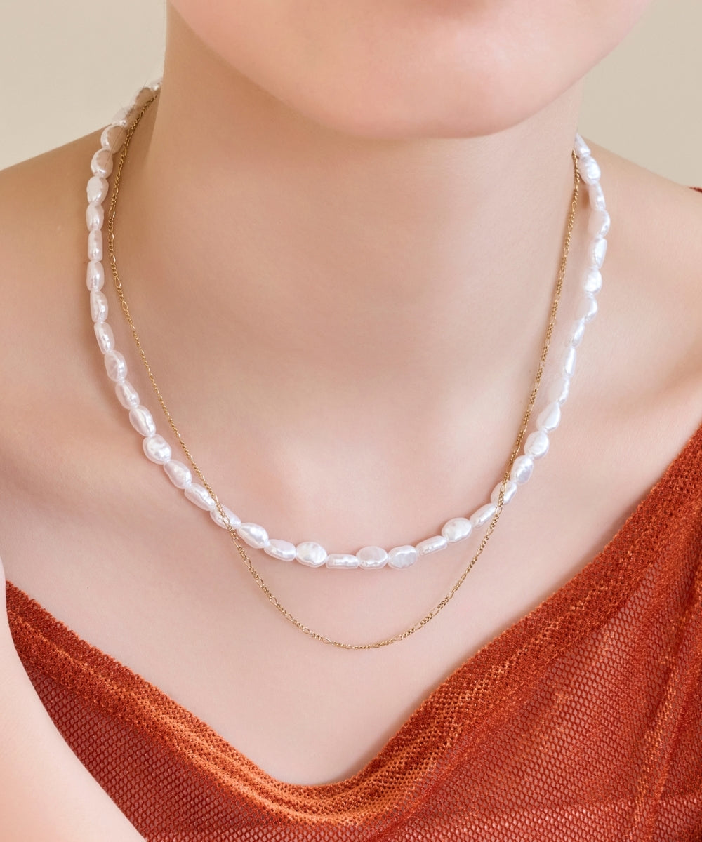 【金属アレルギー対応】クラシカルパール×チェーン2連ネックレス