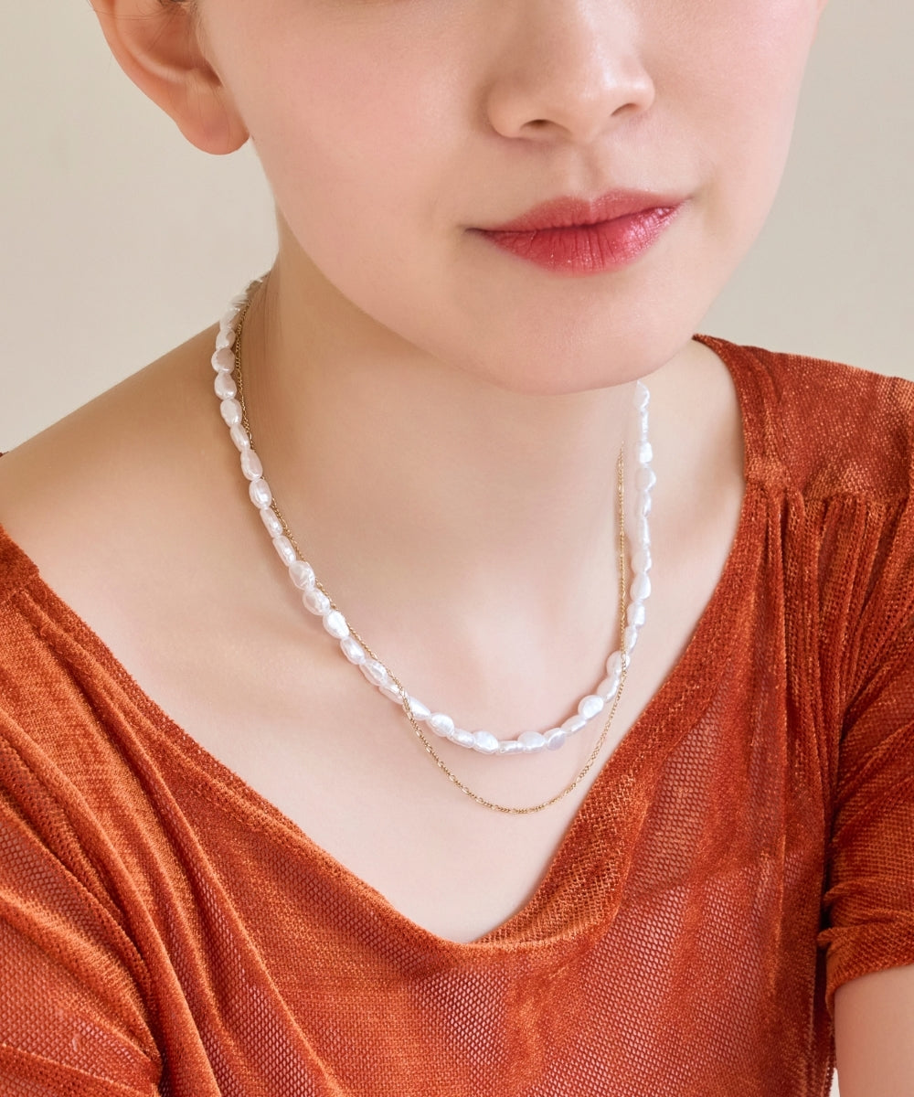 【金属アレルギー対応】クラシカルパール×チェーン2連ネックレス