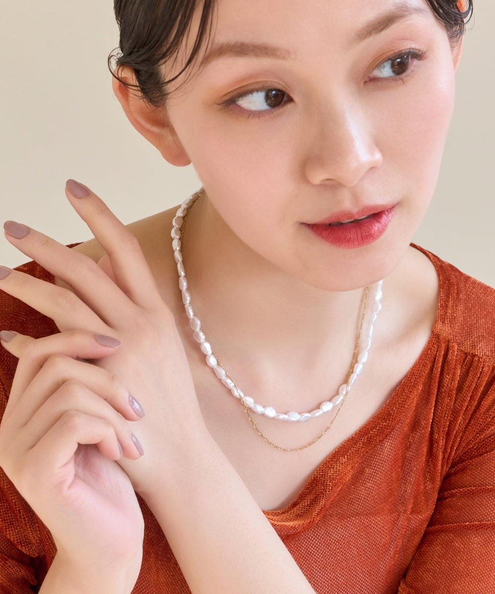 【金属アレルギー対応】クラシカルパール×チェーン2連ネックレス