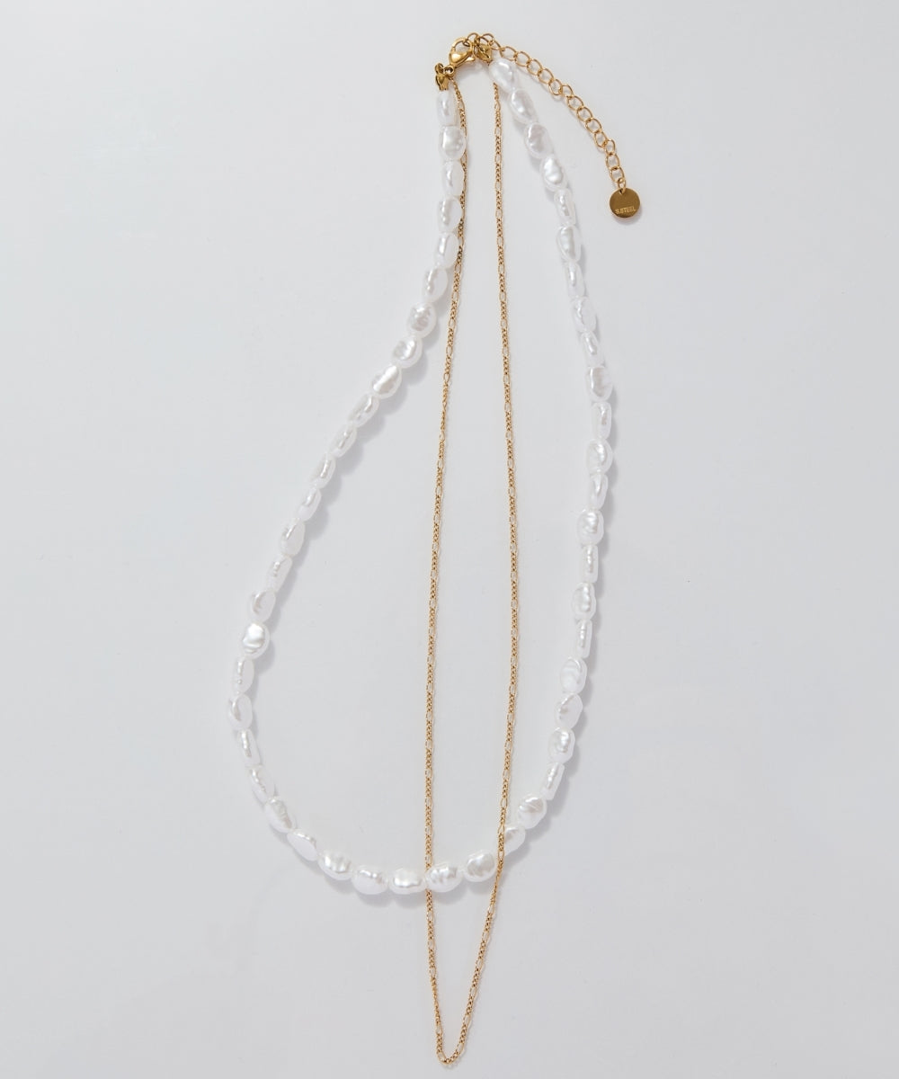 【金属アレルギー対応】クラシカルパール×チェーン2連ネックレス