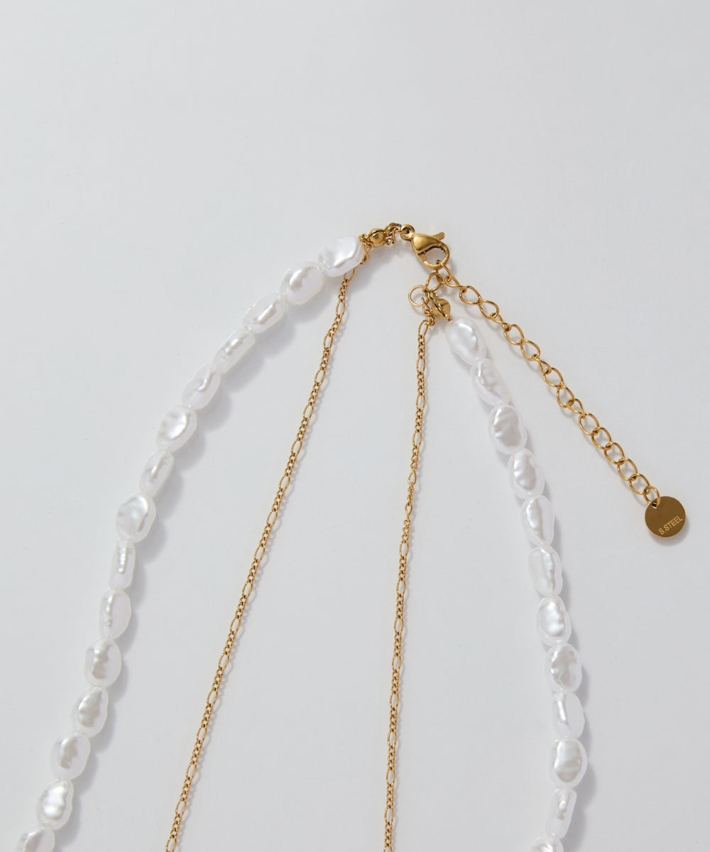 【金属アレルギー対応】クラシカルパール×チェーン2連ネックレス