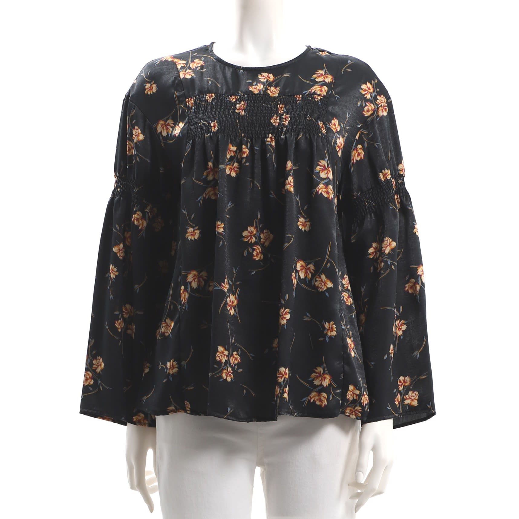 シャーリングデザイン花柄ブラウス